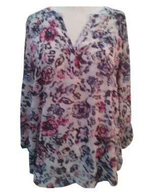 Chaps Women's Long Sleeved Watercolor Floral Blouse, Large